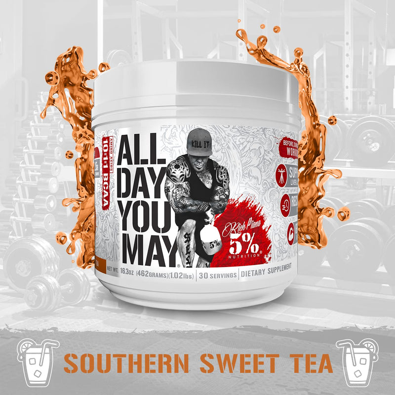[Australia] - 5% Nutrition Rich Piana AllDayYouMay BCAA Powder | Premium Intra & Post Workout Amino Acids, Hydration, Endurance, Muscle Recovery, Joint & Liver Support | 16.3 oz, 30 Servings (Southern Sweet Tea) Southern Sweet Tea 