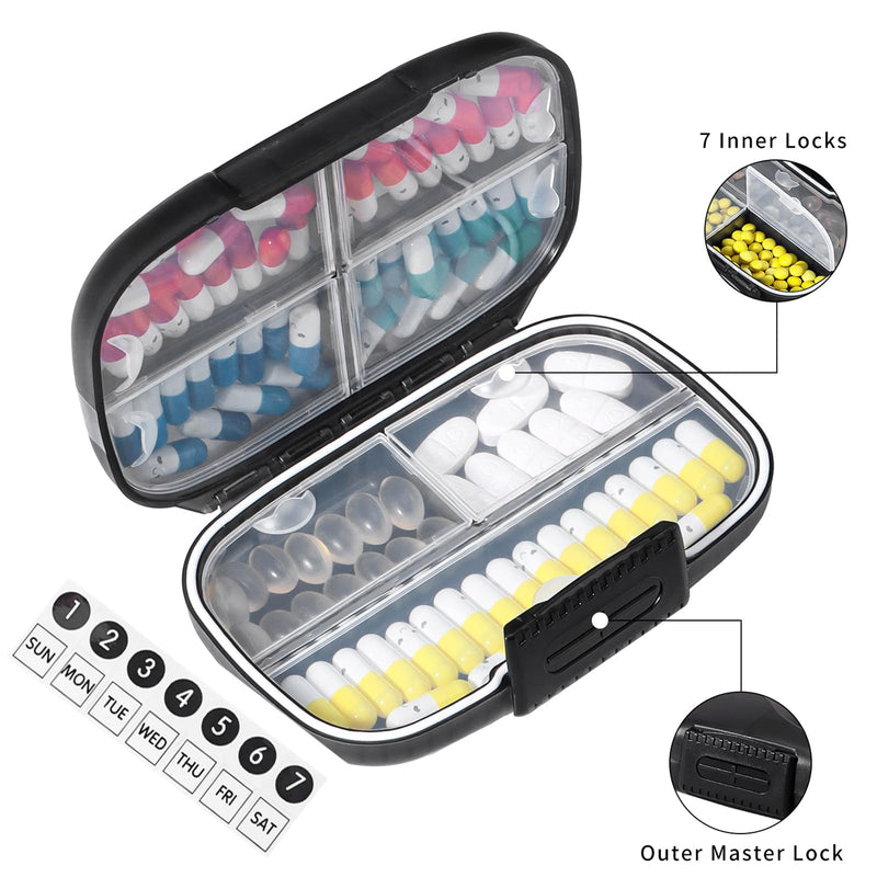 Large Pill Organizer for Purse 7 Day Vitamin Box Travel Case for Fish Oil | Black Pill Container with Label,Double Lock,Water-proof Medicine Holder,Portable for Daily Supplements & Small Accessories