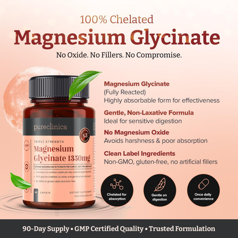 Triple Strength Magnesium Glycinate 1350mg x 180 Caplets (2 Bottles of 90) – 202.5mg Elemental Magnesium Per Caplet – 6 Months Supply - 100% Glycine Chelated, Gentle on the Stomach 180 count (Pack of 1)