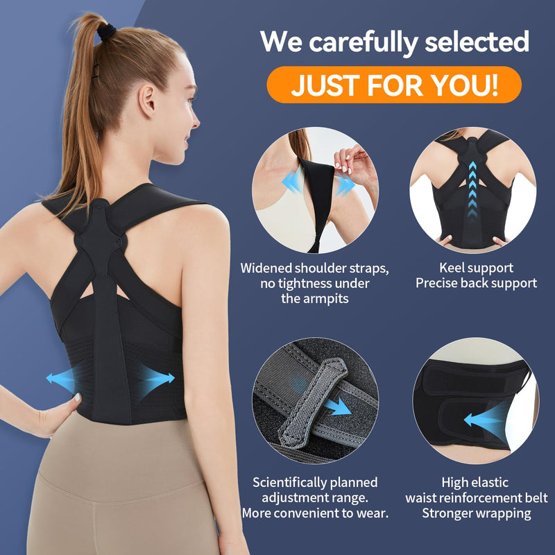 Posture Corrector for Men & Women - Adjustable Back Support Brace, Upper Pain Relief & Slouching Correction, Invisible Under Clothes(Black, Small)