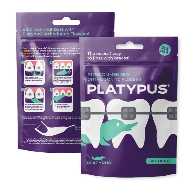 Platypus Orthodontic Flossers for Braces- Unique Structure Fits Under Arch Wire, Floss Entire Mouth in Two Minutes, Increases Flossing Compliance, Will Not Damage Braces - 30 Count Bag (Pack of 3) Unflavored 30 Count (Pack of 3)