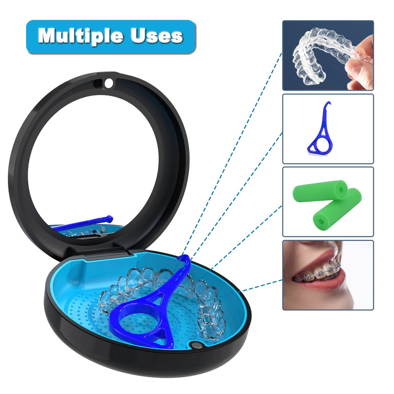 BVN Retainer Case with Mirror Denture Case Orthodontic Dental Case, Braces Case, Mouth Guard Case, Teeth Aligner Case, Night Guard Case Container Storage Holder Black. Circular case with mirror Black Shell+blue Silicone Pad