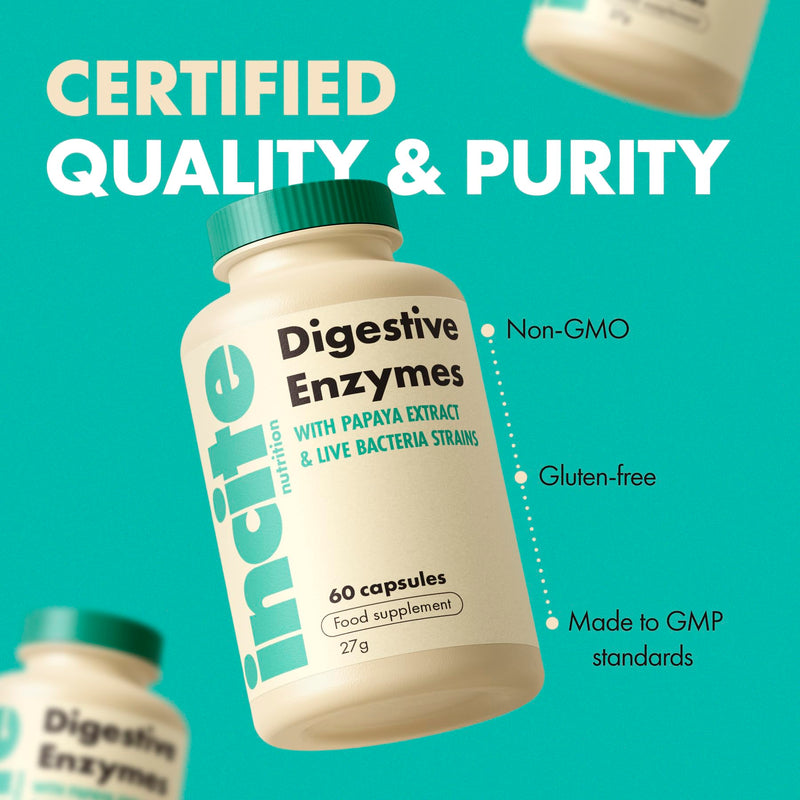 Incite Nutrition Digestive Enzyme Supplements. 60 Capsules, 1-2 Month Supply. 8 Enzyme Complex with Probiotics. Gut Health Support. Anti Bloating Tablets for Women. Suitable for Vegetarians & Vegans
