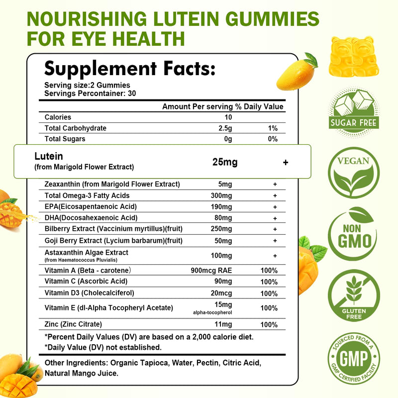 Lutein and Zeaxanthin Supplements Gummies with Astaxanthin & Bilberry Extract - Eye Vitamins with Omega-3, Vitamins A, C, E, D3 & Zinc for Vision Health - Sugar Free, Mango Flavor, 120 Count 60 Count (Pack of 2)