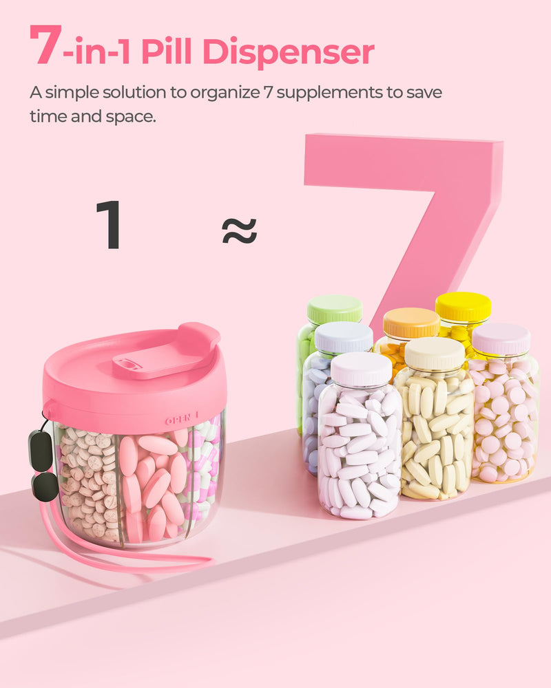 AMOOS Cute Pill Dispenser with Anti-Mix Design, 7-Slot, BPA-Free, Patented | Portable Pill Organizer, Wide Mouth for Easy Access, Pill Bottle Organizer for Vitamins, Fish Oils, Supplements, Hot Pink