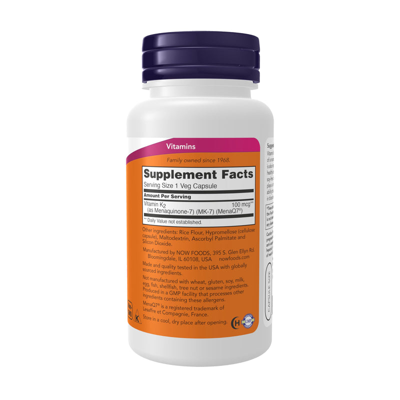 NOW Foods Supplements, MK-7 Vitamin K-2 100 mcg, Cardiovascular Support*, Supports Bone Health*, 120 Veg Capsules 120 Count (Pack of 1)