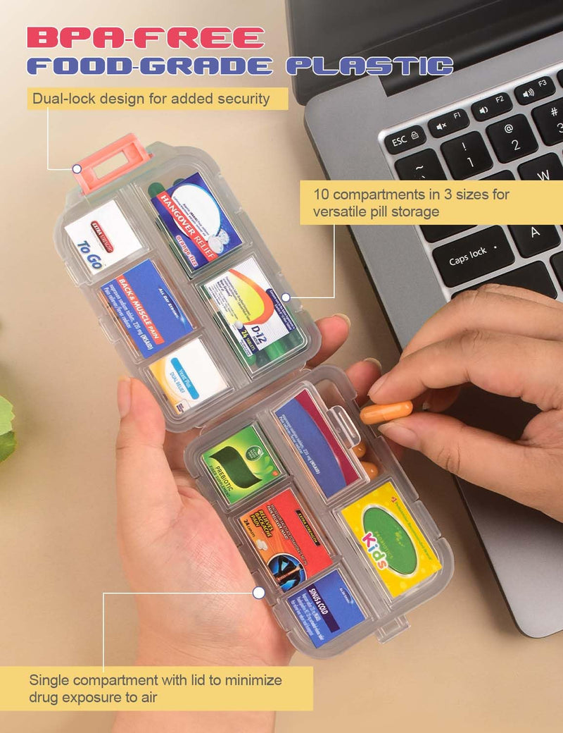 3 Pcs DIY Travel Pill Organizer with Labels Pocket Pharmacy, 3 Pill Box & 420 Medicine Labels, Portable Travel Essentials Mini Pill Container 7 Day Pill Case Storage Vitamin Fish Oil (Set B) Gray + Blue + Red 3 PCS