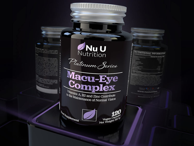Macu Eye Supplement 120 Vegan Capsules, 4 Month Supply with Lutein, Zeaxanthin, Bilberry Extract, Beta Carotene & Eye Vitamins A, B2 & E Plus Zinc for Maintenance of Normal Vision, Made in The UK