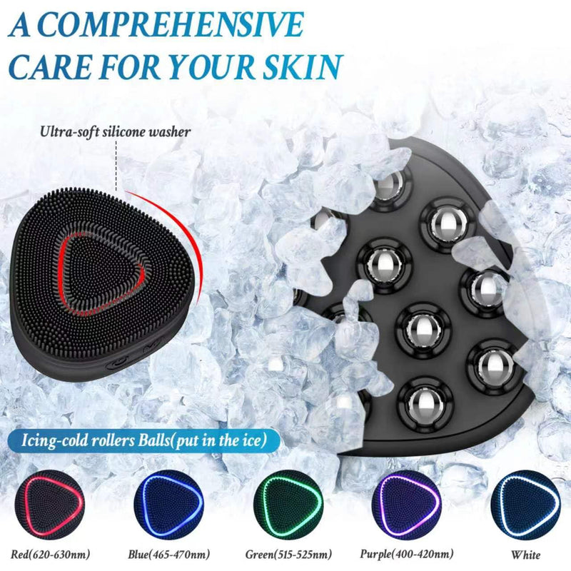 Silicone Face Scrubber + Ice Roller Balls for Face,2 in 1 Electric Face Body Cleansing Brush/with Lights/Microcurrent/Dry-Cleansing/Massage, Daily Skin Care for Lift & Tighten & DePuff