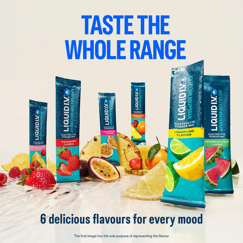 Liquid I.V. Hydration Multiplier Electrolyte Powder Pack, Lemon Lime, Passionfruit & Strawberry, Electrolytes With 7 Vitamins & Minerals For Fast Hydration & Energy, Vegan and Gluten Free, 18 Sachets Variety Pack 6 Sticks (Pack of 3)