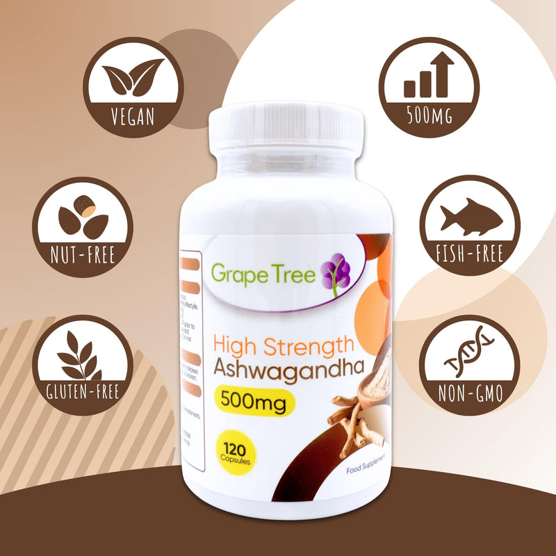 Grape Tree Ashwagandha 500mg 120 Capsules High Strength Ashwagandha Supplement Easy Daily Capsules for Men & Women UK Manufactured Food Supplement