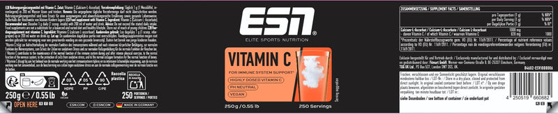 ESN Buffered Vitamin C Powder, 250 g, 0.55 lbs, 250 Servings - Made in Germany, Laboratory Tested 250 g (Pack of 1)