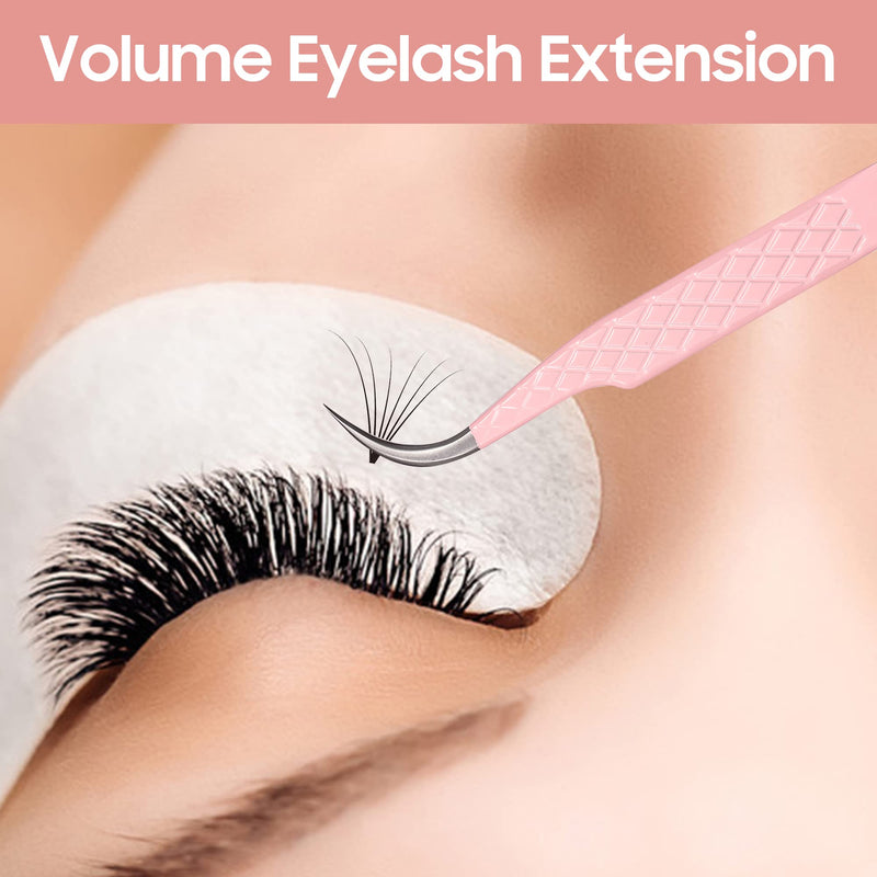 Fiber Tip Lash Tweezers for Eyelash Extensions, Professional Stainless Steel Lash Extension Tweezers for Volume Fan, Precision Supplies Work Best Tool（Curved） Curved Pink