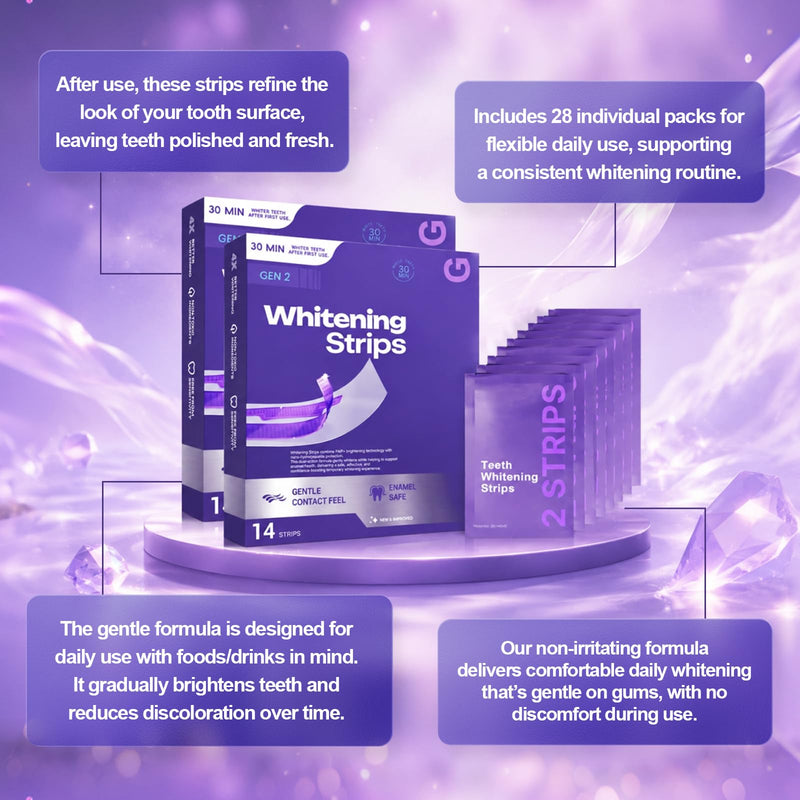 Purple Teeth Whitening Strips, 2 Pack | Gentle Daily, Surface Stain Reduction, Natural Shine, Portable, For Use at Home Or On The Go