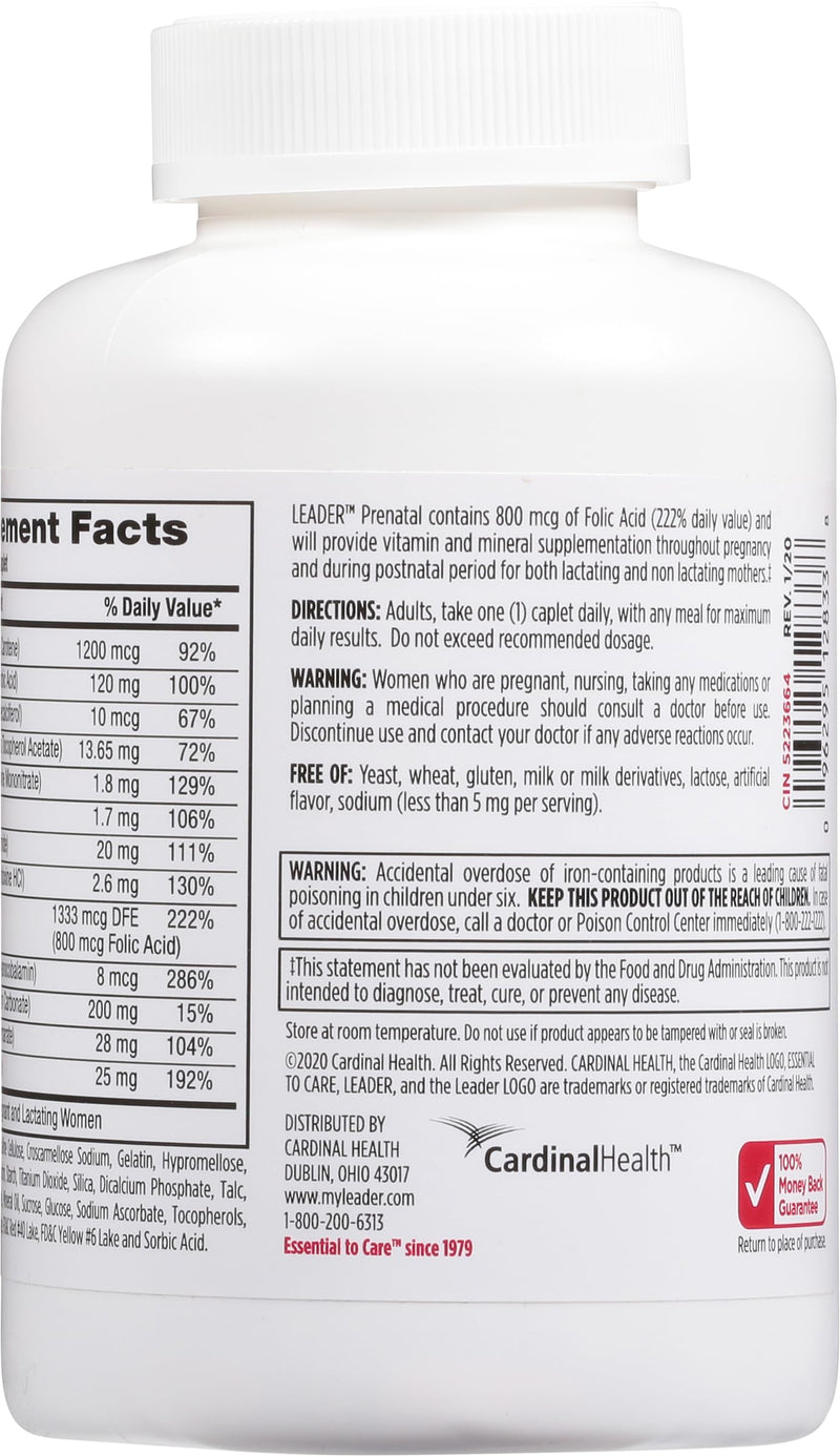Leader Prenatal Multivitamin with 800Mcg Folic Acid & Essential Nutrients for Healthy Pregnancy & Fetal Development, Dha, High Potency Vitamin for Expecting Moms, Daily Support, 365 Caplets 1 Count (Pack of 365)