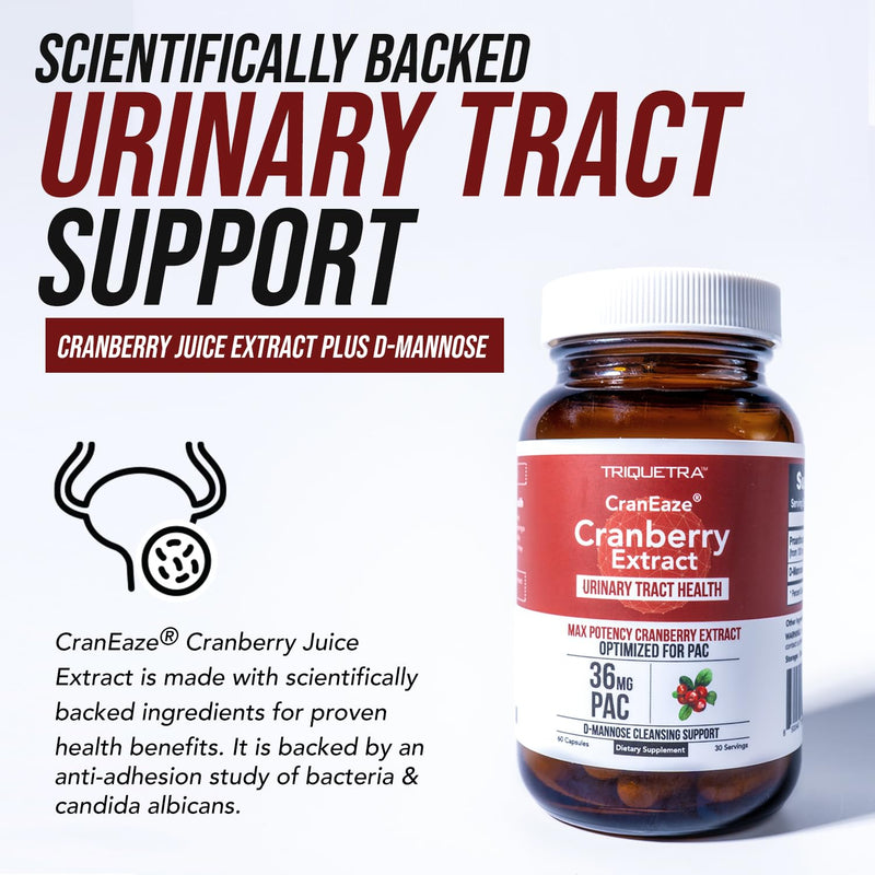 [Australia] - CranEaze®: Cranberry Juice Extract Plus D-Mannose – 36 mg PAC, 100% Soluble PAC - Supports Urinary Tract Health – Most Effective Cranberry Pills for Women, UTI Cranberry Supplement - 60 Capsules 