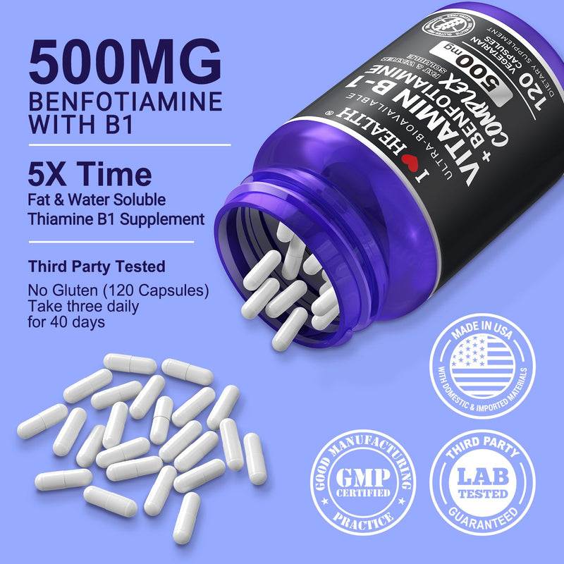 Benfotiamine 600mg Plus 20mg Vitamin B1 and Vitamin B1 500mg with Benfotiamine 20mg,120 Capsules