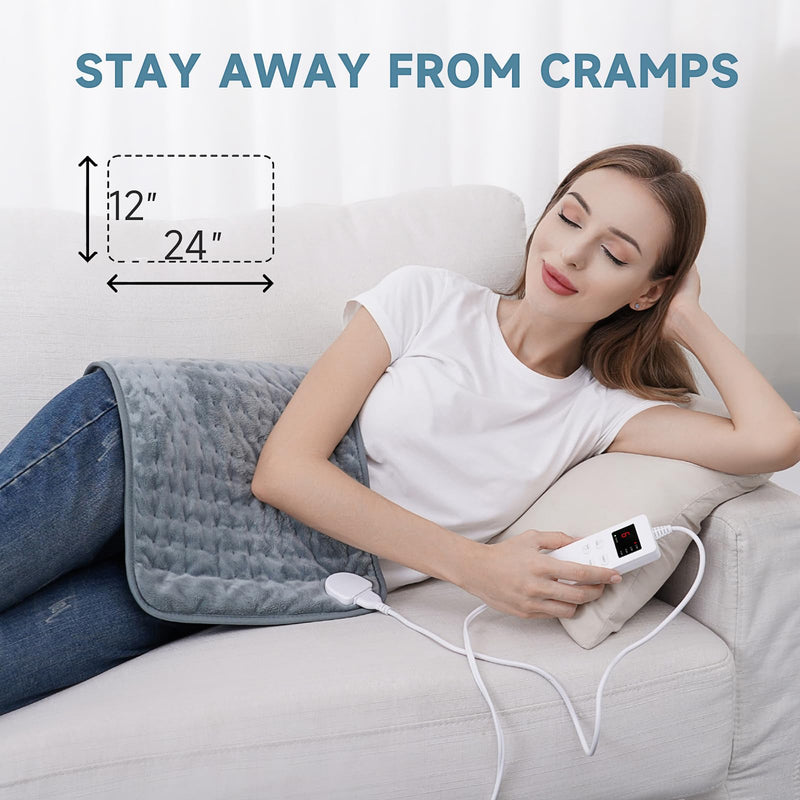 [Australia] - Heating Pad for Back Pain Relief, ZUODUN Electric Heating Pads for Cramps with Auto Shut Off & 6 Heat Levels, Moist Heat Therapy, Machine Washable, LED Controller, Gifts for Women, Men Gray-12 x 24 Inch 