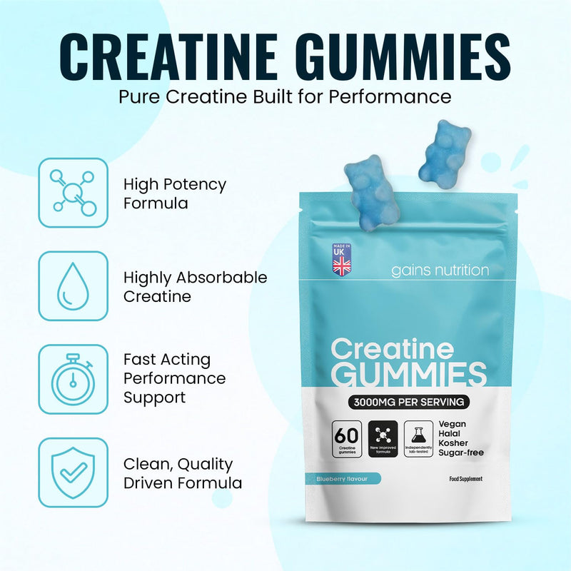 GN Creatine Gummies 3000mg Per Serving | 60 Sugar Free Real Creatine Monohydrate Gummies (30 Servings) | Blueberry | Vegan | Made in UK
