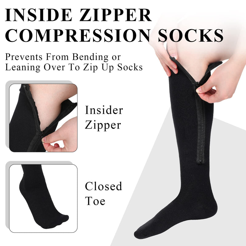 [Australia] - Tarpop 4 Pair Zipper Compression Socks Closed Toe 20-30 Mmhg Calf Knee High Compression Stocking for Men Women Swelling Edema Large Black 