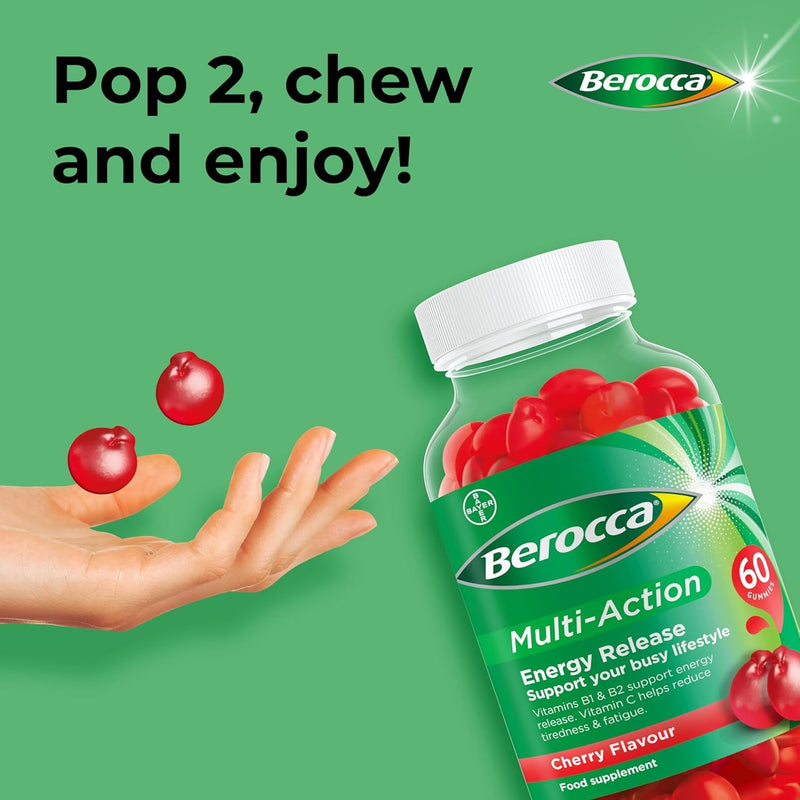 Berocca Multi-Action Multivitamin Gummies - Including Vitamin D, C, A, B-Complex (B1, B2, B3, B6, B7 & B12), E - Supplement for Women, Men and Kids - 60 Gummies x 3 Pack- Cherry Flavour 1 count (Pack of 180)
