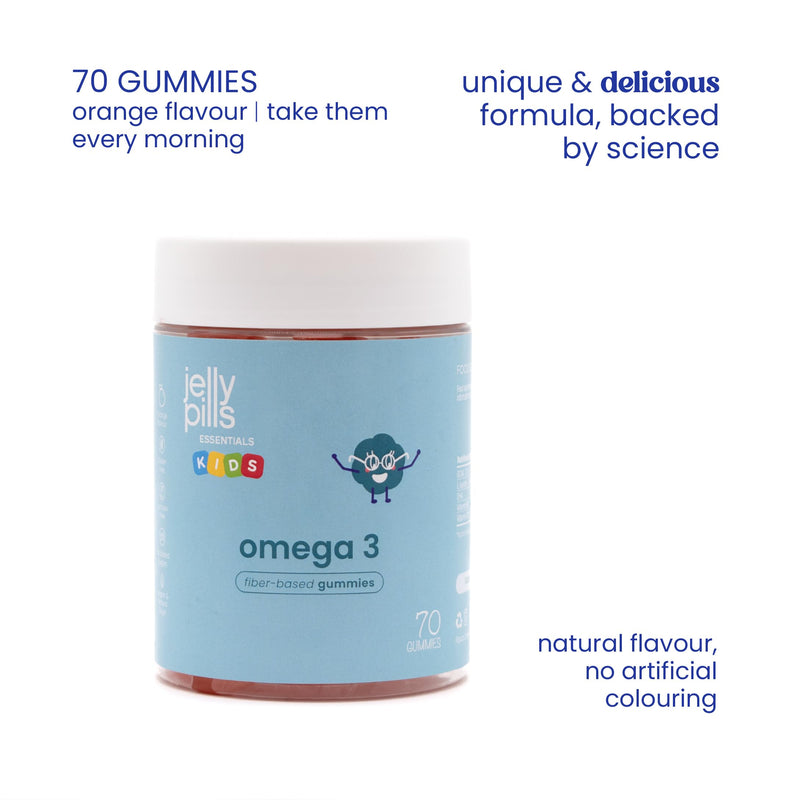 Jelly Pills Omega 3 Gummies for Kids with DHA from Microalgae - 70 Gummies 2-Month Course - No Added Sugar - Orange Flavour - Brain, Concentration & Vision Support
