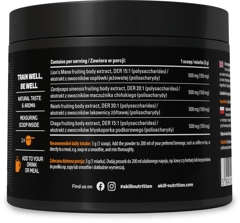 Skill Nutrition 4 Mushroom Complex | Lion’s Mane, Reishi, Chaga, Cordyceps Extracts | Standardized Mushroom Extracts | Natural Support for Vitality & Wellbeing – Premium Dietary Supplement | 180 g