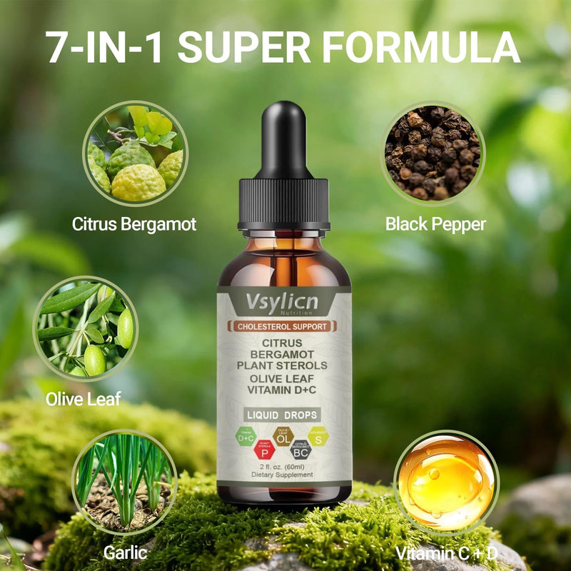 Citrus Bergamot Liquid Drops 60ml Vegan - Lower Cholesterol Levels - Cholesterol Complex Supplement 3000mg Equivalent Formula with Black Pepper & Olive Leaf - High Absorption Heart Health Supplement