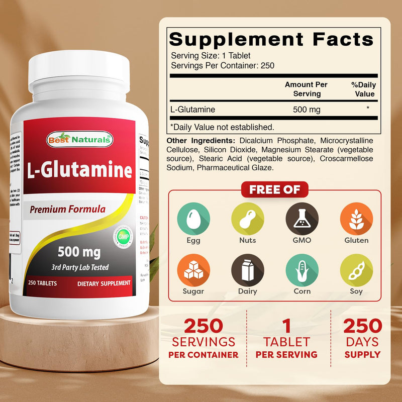 Best Naturals L-Glutamine 500 mg 250 Tablets (250 Count (Pack of 2))
