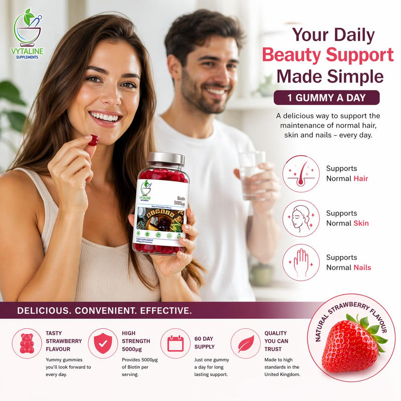 Biotin 5000mcg Hair, Skin and Nail Growth Support Gummy Supplement - 60 Natural Strawberry Flavour Chewable Gummies - 2-3 Months Supply – Vegan Friendly – for Men and Women
