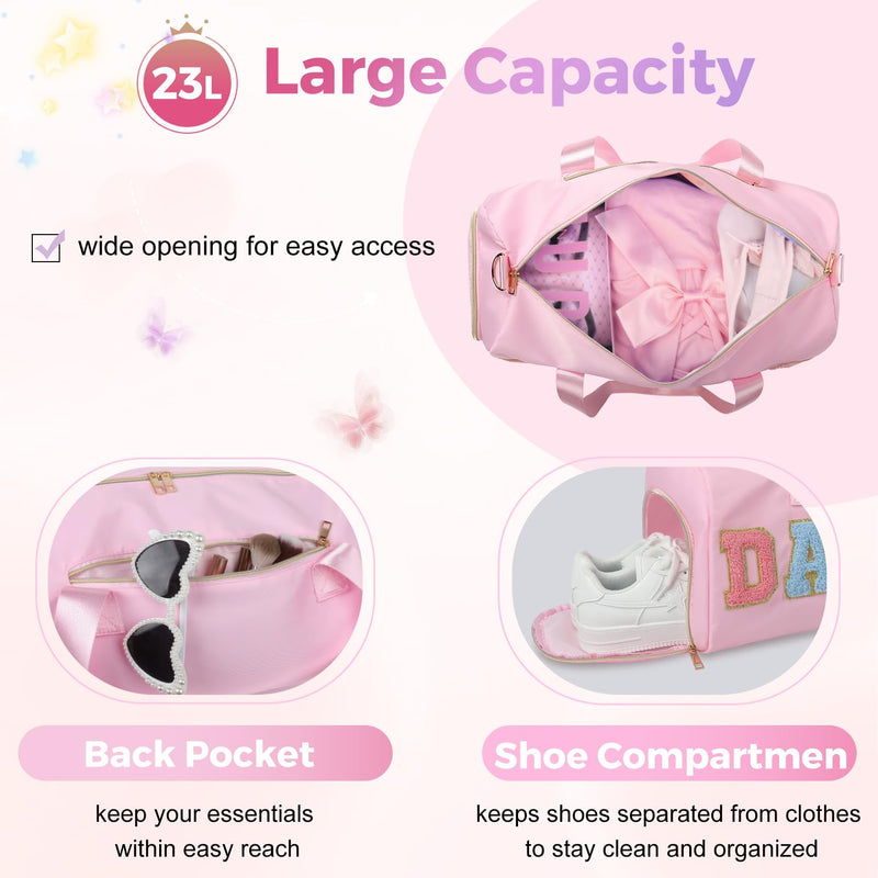Dance Bag for Girls, KUIRAN Travel Duffel Bag with Shoe Compartment Lightweight Gym Sport Ballet Weekender Bag - Pink Large Light Pink