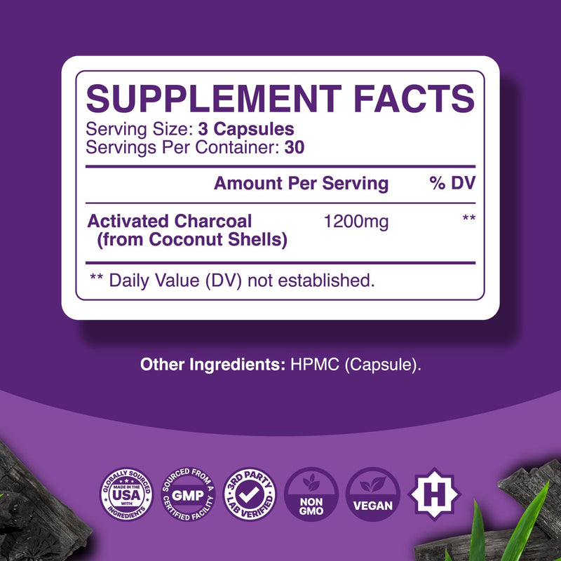 [Australia] - Extra Strength Activated Charcoal Pills - 1200mg Per Serving Activated Charcoal Capsules for Digestive Health & Occasional Upset Stomach Relief for Adults - Coconut Charcoal Supplement - 1 Month 90 Count (Pack of 1) 