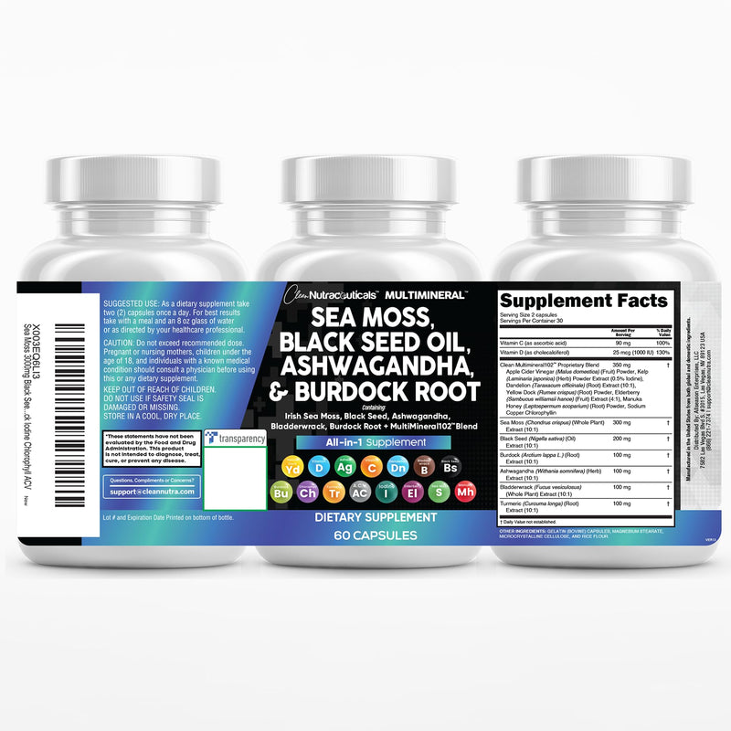 [Australia] - Clean Nutraceuticals Sea Moss Black Seed Oil Ashwagandha Turmeric Bladderwrack Burdock & Vitamin C Vitamin D3 with Elderberry Manuka Dandelion Yellow Dock Iodine Chlorophyll ACV 