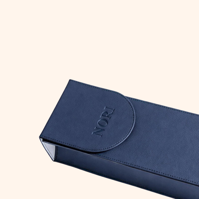NORI Press Iron Steamer Travel Case - Leather Heat Protectant Bag - Navy | Heat protectant lining, storage case for Nori iron, magnetic snap closure, 16.5 x 3.75 x 2.5 in
