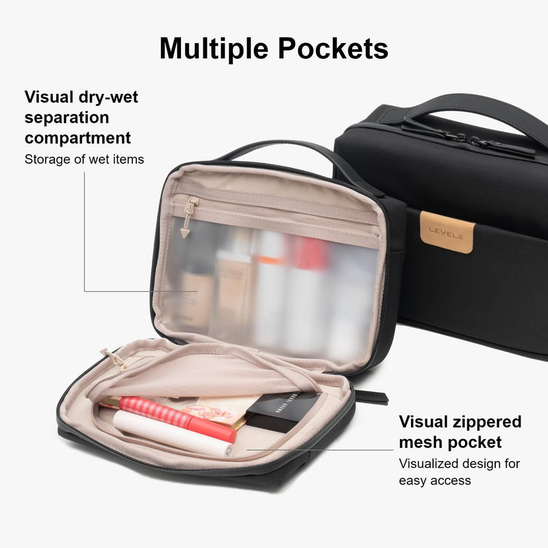 LEVEL8 Travel Toiletry Bag for Men Women, Water Repellent Shaving Bag for Toiletries Accessories, Storage Bags with Divider and Handle, Small/Black Black