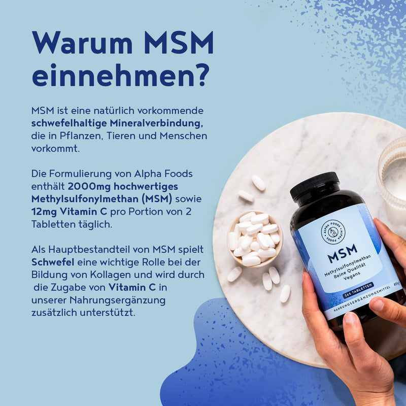 [Australia] - MSM 2000mg with vitamin C - 365 tablets with methylsulfonylmethane - More compact MSM powder than capsules - High dosage and vegan - Alpha Foods 