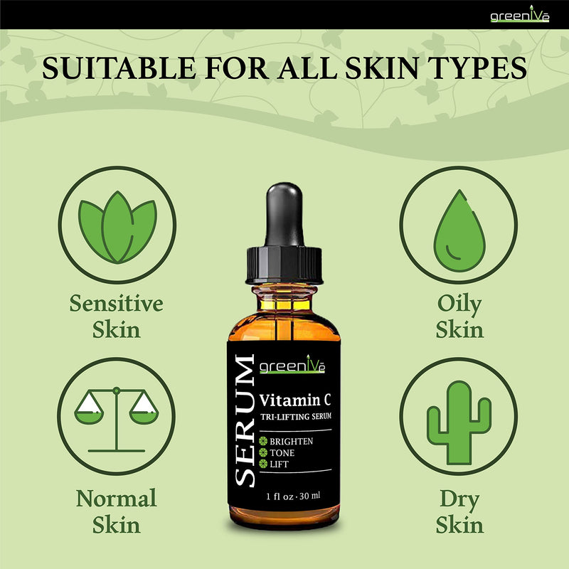 GreenIVe Vitamin C Serum for Face with Hyaluronic Acid & Vegetable Collagen - Tri-Lifting Hydrating Facial Serum - Brightening Skin Care for Glowing Complexion - Vegan & Cruelty Free - 1 fl oz 1 Fl Oz (Pack of 1)