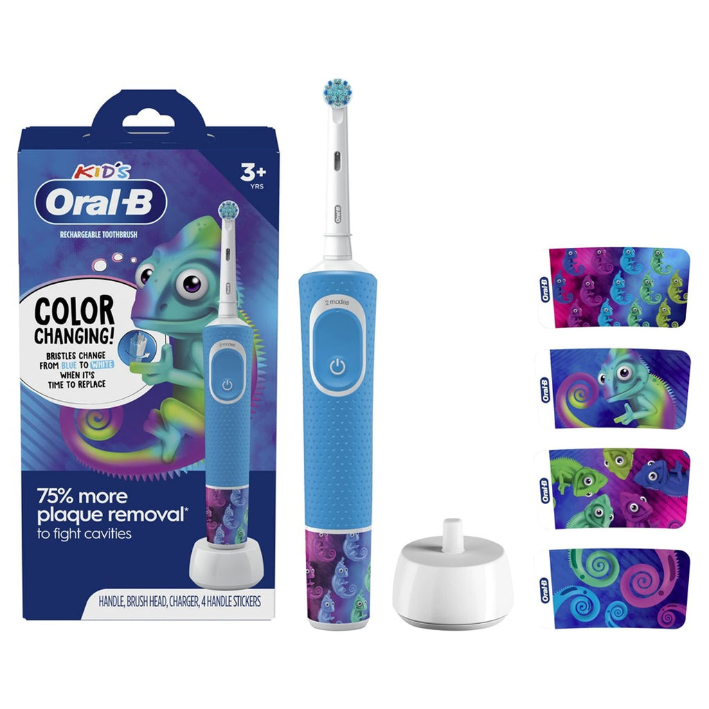 Oral-B Kid's Electric Rechargeable Toothbrush with Charger, Featuring Extra Soft Color Changing Bristles, for Ages 3, White/Blue 1 Count (Pack of 1)