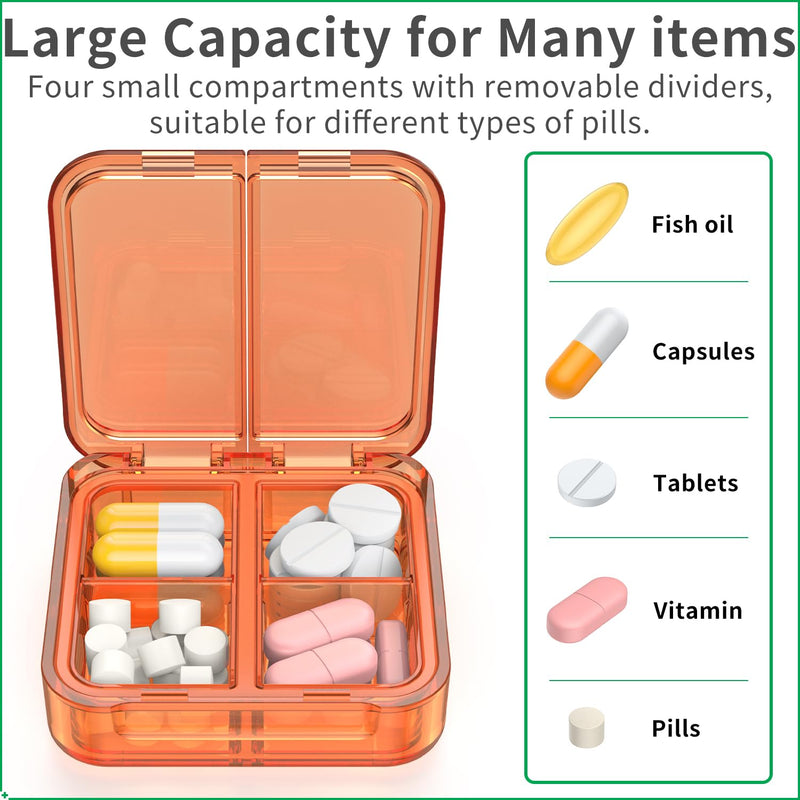 Small Pill Box,4 Compartments Travel Pill Case, Portable Pill Organizer,Mini Pill Container for Pocket,Daily Compact Travel Medicine Holder for Vitamins Fish Oil and Supplement Storage(Orange+Yellow) Orange+yellow