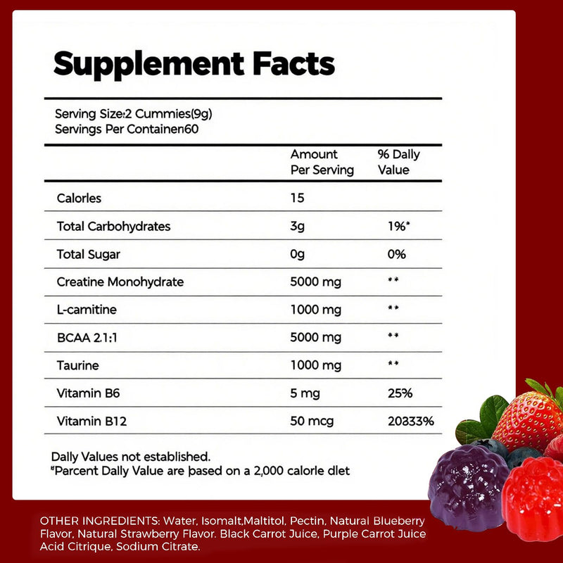 Creatine Monohydrate Gummies, 8000mg Complex, 120 Count, Sugar-Free with BCAA, L-Carnitine, Taurine and Vitamins, for Muscle Strength and Recovery