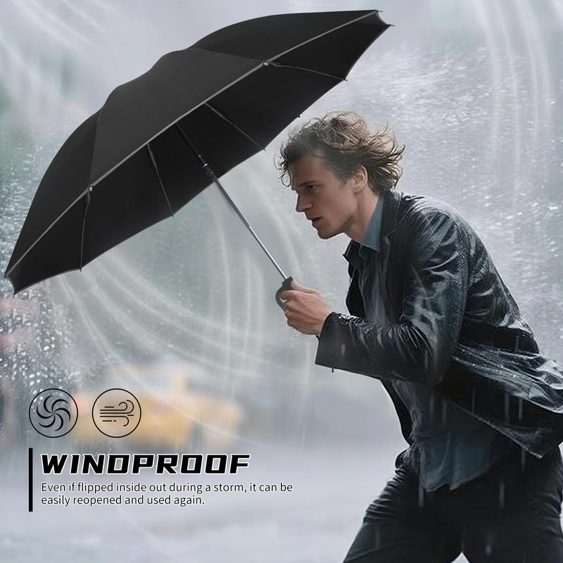 50in Inverted Folding Travel Umbrella – Windproof 10Ribs Upside Down Umbrella with Carabiner Handle, Rain Sun Protection for Women Men (Black) Black + Black