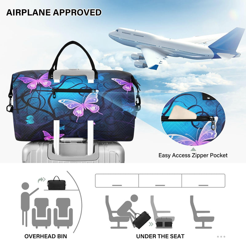 YETTASBIN Travel Duffel Bag for Women Men, Purple Blue Butterfly Large Waterproof Weekender Overnight Bag, Detachable Shoulder Strap Travel Sport Gym Bag with Toiletry Bag
