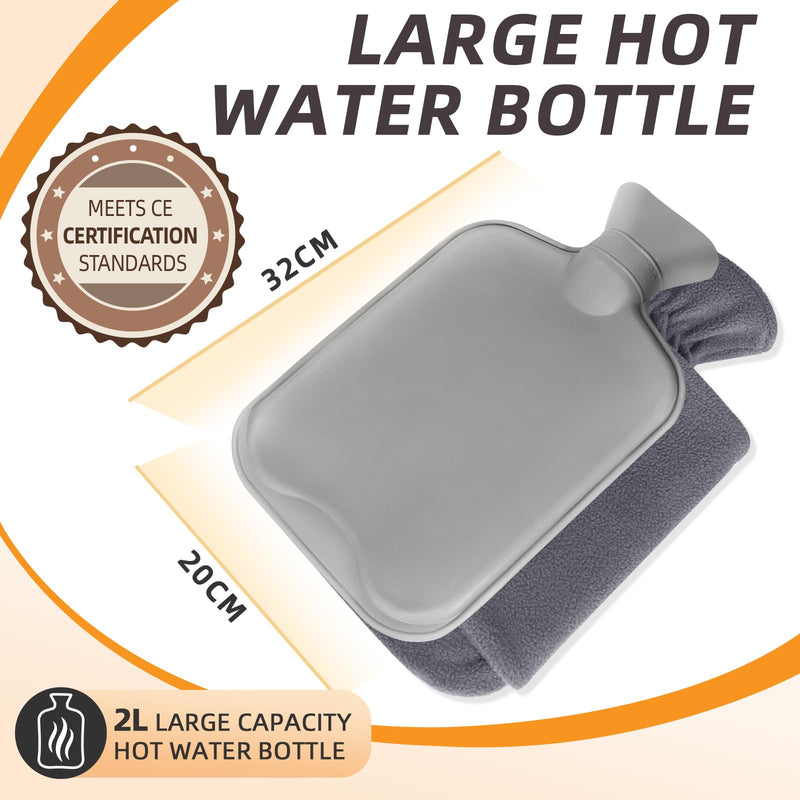 [Australia] - MUPAS hot water bottle with fleece cover - 2L large leak-proof bed bottle - soft hot water bottles with kangaroo bag + natural rubber - hot water bag for children and adults - for pain relief (grey) grey 