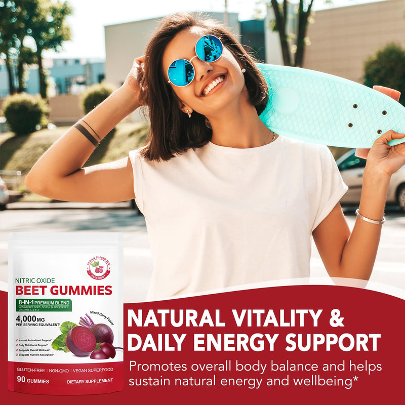 Beet Root Gummies 8-in-1 Premium Blend with Grape Seed, CoQ10, Vitamins C & B12 4000 mg Beet Equivalent Per Serving, Mixed Berry Flavor, 90 Gummies