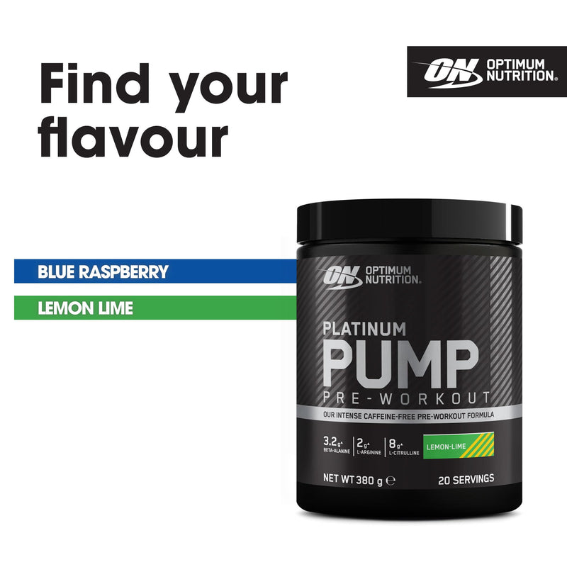Optimum Nutrition ON Platinum Pump Pre-Workout, Intense Caffeine-Free Pre-Workout Food Supplement with Fruitflow, Beta-Alanine, L-Arginine, L-Citrulline, Lemon Lime Flavour, 20 Servings, 380 g