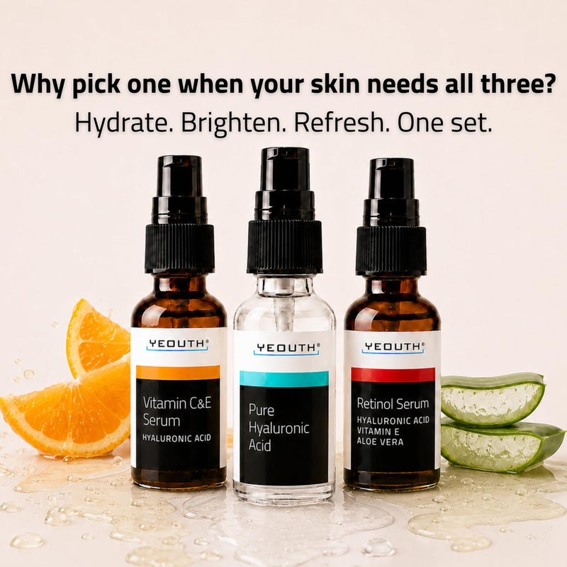 YEOUTH Skincare Set for Appearance of Uneven Skin Tone and Dryness, 3x1oz | Face Serum Set with Retinol, Vitamin C, and Pure Hyaluronic Acid Serum for a Complete Day and Night Routine 3-pack Retinol, HA, Vit C Pack
