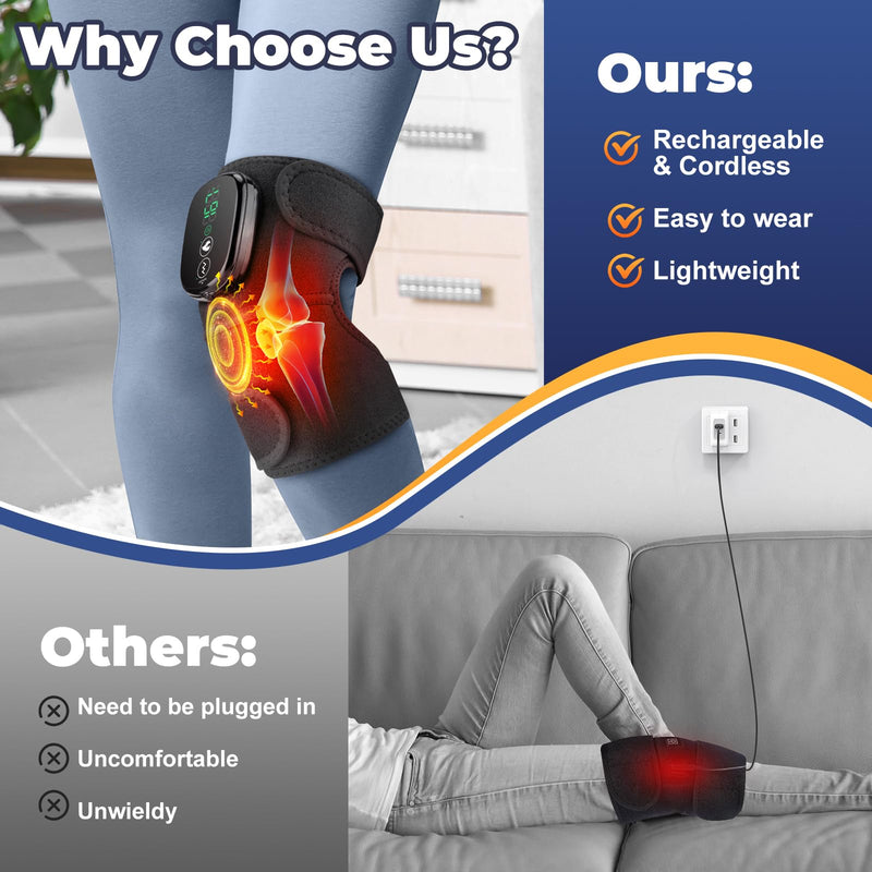 Cordless Electric Heated Knee Massager, 3-in-1 Heated Knee Massager with Heat for Knee Elbow Shoulder Wrap with 3 Vibration & Heating Modes | 3-in-1 Wearable Wrap for Knee, Elbow and Shoulder, 5000mAh Rechargeable Heat and Vibration Massager, Black, 1 ...