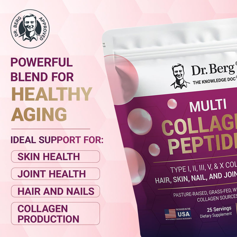 Dr. Berg Multi Collagen Peptides Powder Types I, II, III, V, X - Unflavored Collagen Powder w/ 14 g of Protein - Grass-Fed, Pasture-Raised & Wild-Caught Collagen Sources - 25 Servings 14.1 Ounce (Pack of 1)