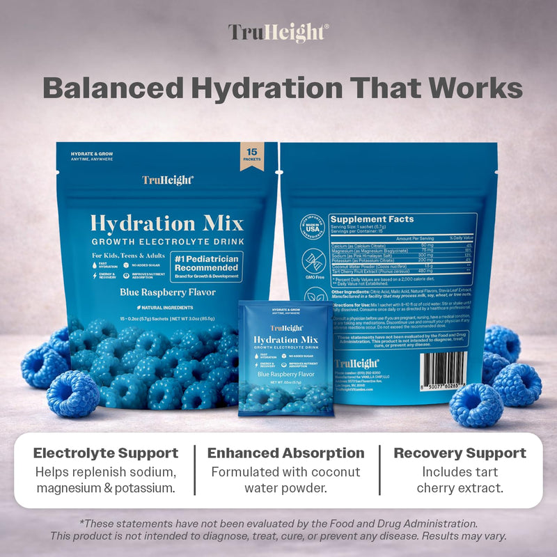 TruHeight Hydration Packets (Blue Raspberry) Kids, Teens & Adults Fast Hydration, Energy & Recovery - Dehydration Relief Electrolytes Powder Packets for Athletes - Sugar Free, Zero Calorie, Non-GMO