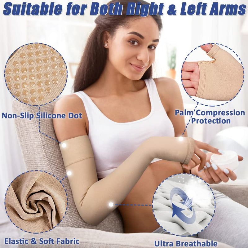 [Australia] - beister Lymphedema Medical Compression Arm Sleeve with Gauntlet for Men & Women (Single), 20-30 mmHg Full Arm Support with Dot Silicone Band, Graduated Compression Arm Brace for Swelling, Arthritis Beige Large 